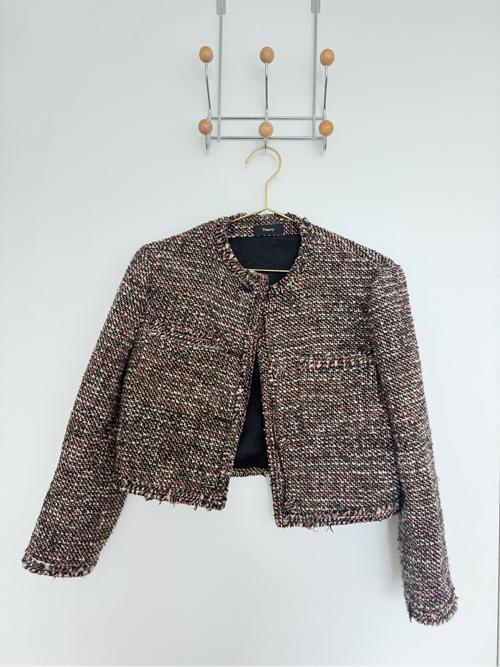 Theory Multicolor Tweed Collarless Cropped Jacket